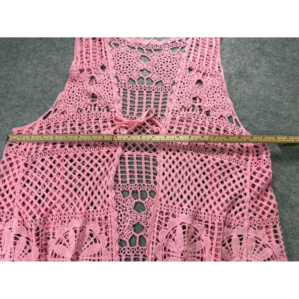 GLEAMISS Crochet Vest Women One Size Pink Boho Open Knit Front Tie Layering - Picture 7 of 11